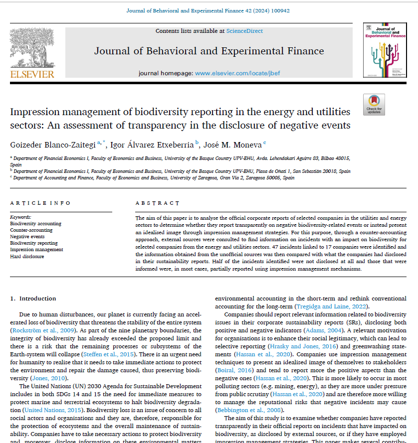 Argitalpen berria: “Impression management of biodiversity reporting in the energy and utilities sectors: An assessment of transparency in the disclosure of negative events”