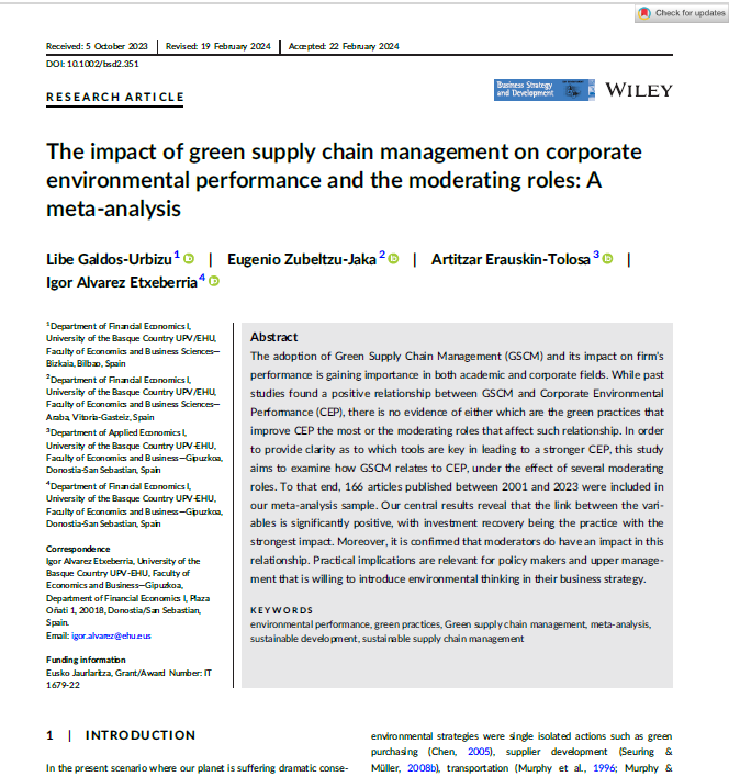 New publication: “The impact of green supply chain management on corporate environmental performance and the moderating roles: A meta-analysis”