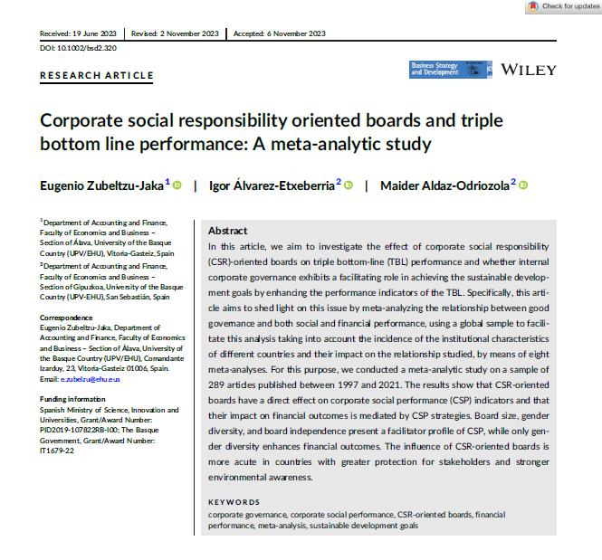 Nueva publicación: "Corporate social responsibility oriented boards and triple bottom line performance: A meta-analytic study."