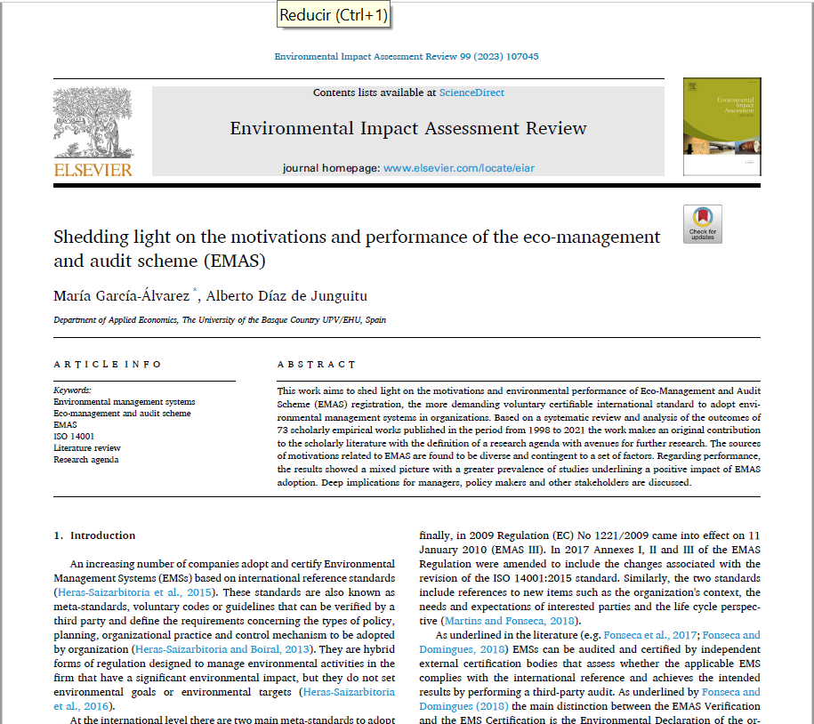 Nueva publicación: "Shedding light on the motivations and performance of the eco-management and audit scheme (EMAS)"