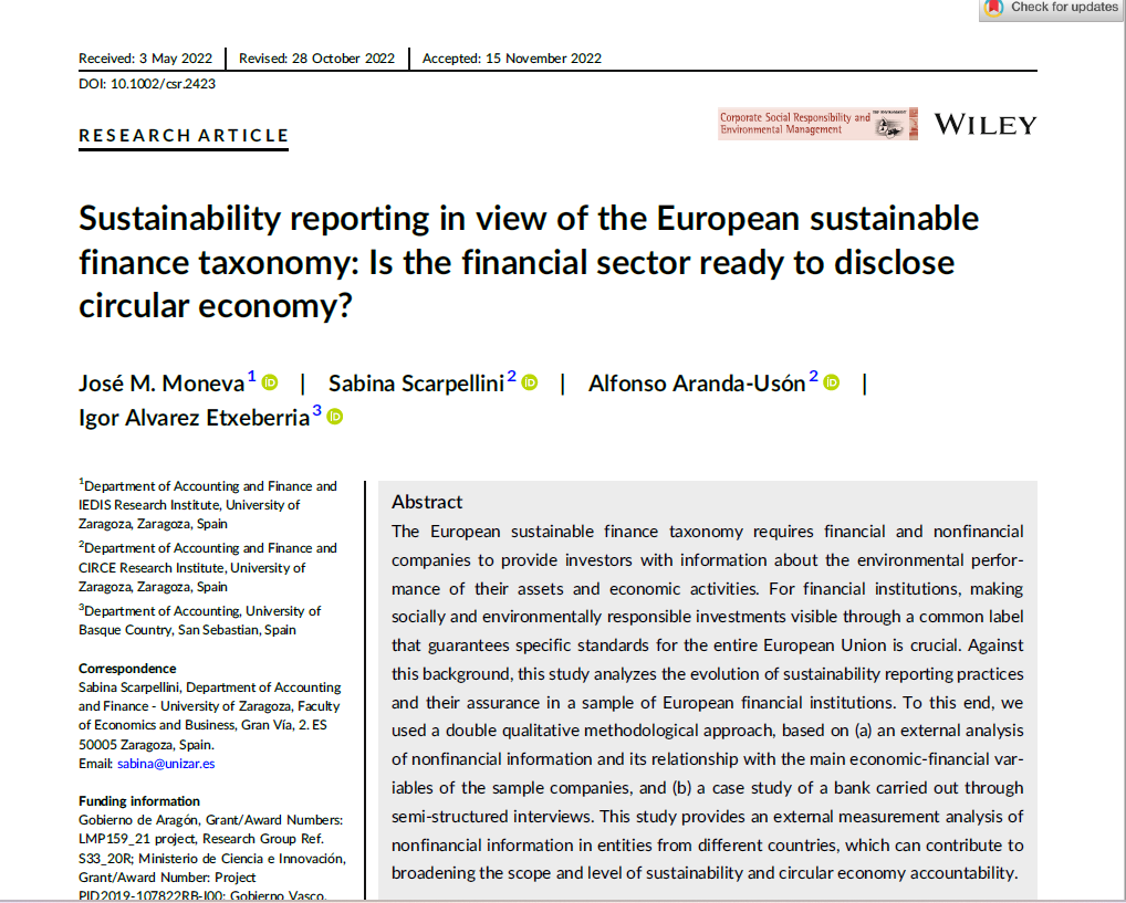 Nueva publicación: "Sustainability reporting in view of the European sustainable finance taxonomy: Is the financial sector ready to disclose circular economy?"