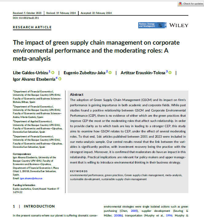 Nueva publicación: "The impact of green supply chain management on corporate environmental performance and the moderating roles: A meta-analysis"